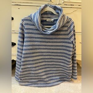 L.L. Bean Women's Navy and Cream Striped Cowl Neck Sweatshirt Size Large